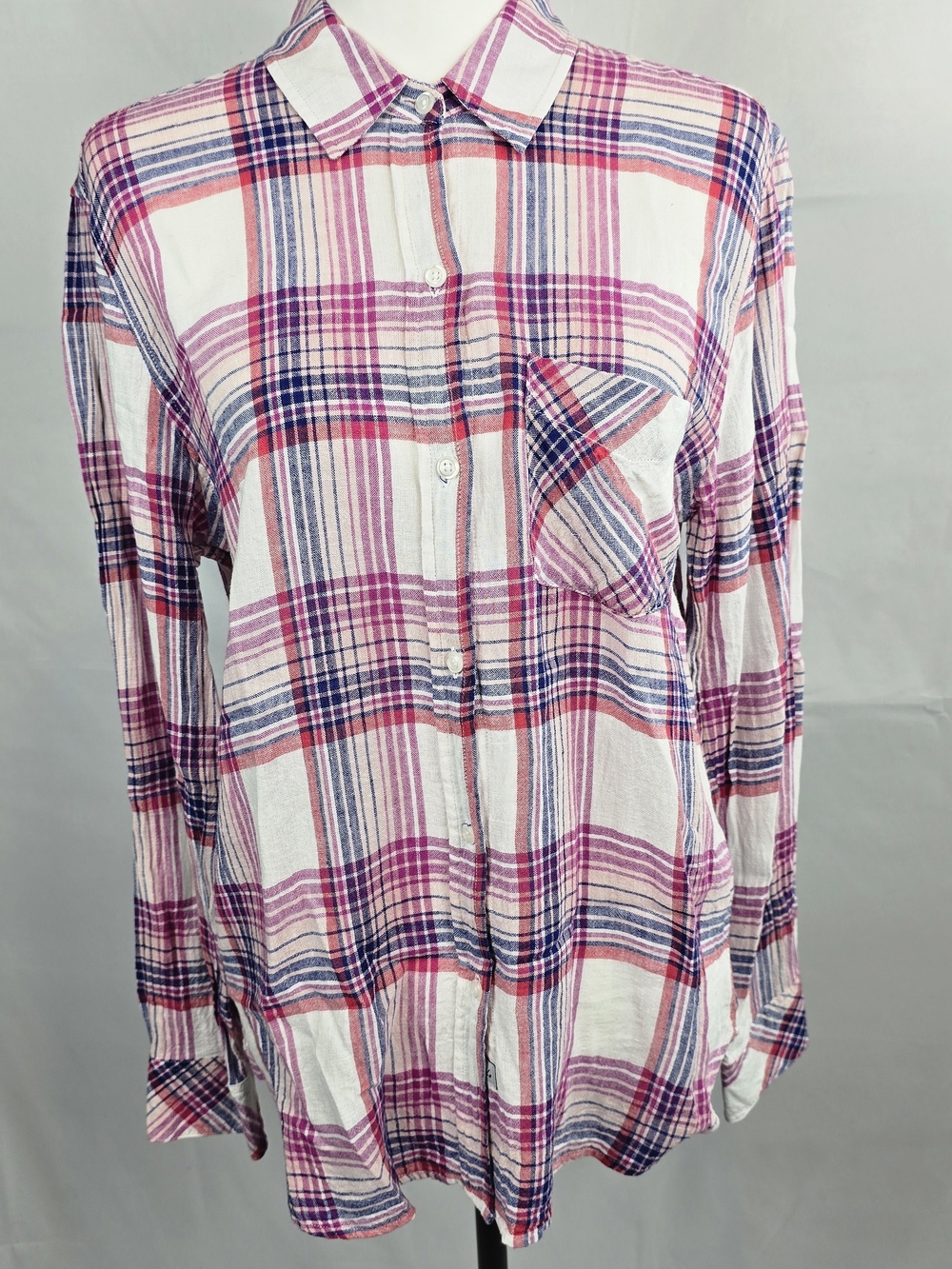 Rails Charli White Peach Fuschia Long-Sleeve Button Down Top Size Medium